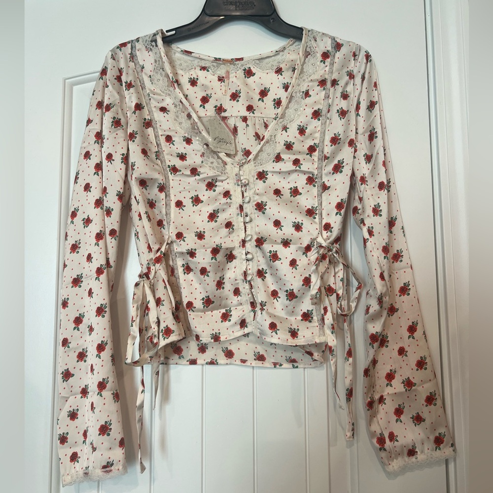 Free People Cream Floral Tie Blouse Size Small